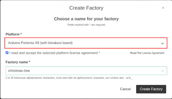 A screenshot of the FoundriesFactory dashboard with the platform field highlighted red and factory name field below