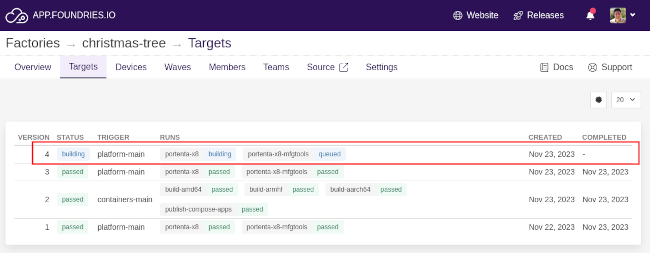 A screenshot of the Foundries.io dashboard on the Targets view