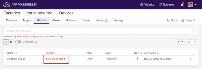A screenshot of the Foundries.io dashboard on the Devices view