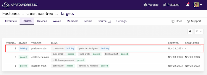 A screenshot of the Foundries.io dashboard on the Targets view