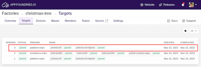 A screenshot of the Foundries.io dashboard on the Targets view