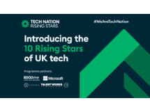 Dark blue banner with white and green text for Tech Nation Rising Stars award